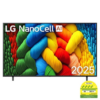 Front view of NanoCell TV, LG NanoCell Al Logo on the top corner. LG NanoCell NANO80 TV depicts colorful paintike textures coming together.