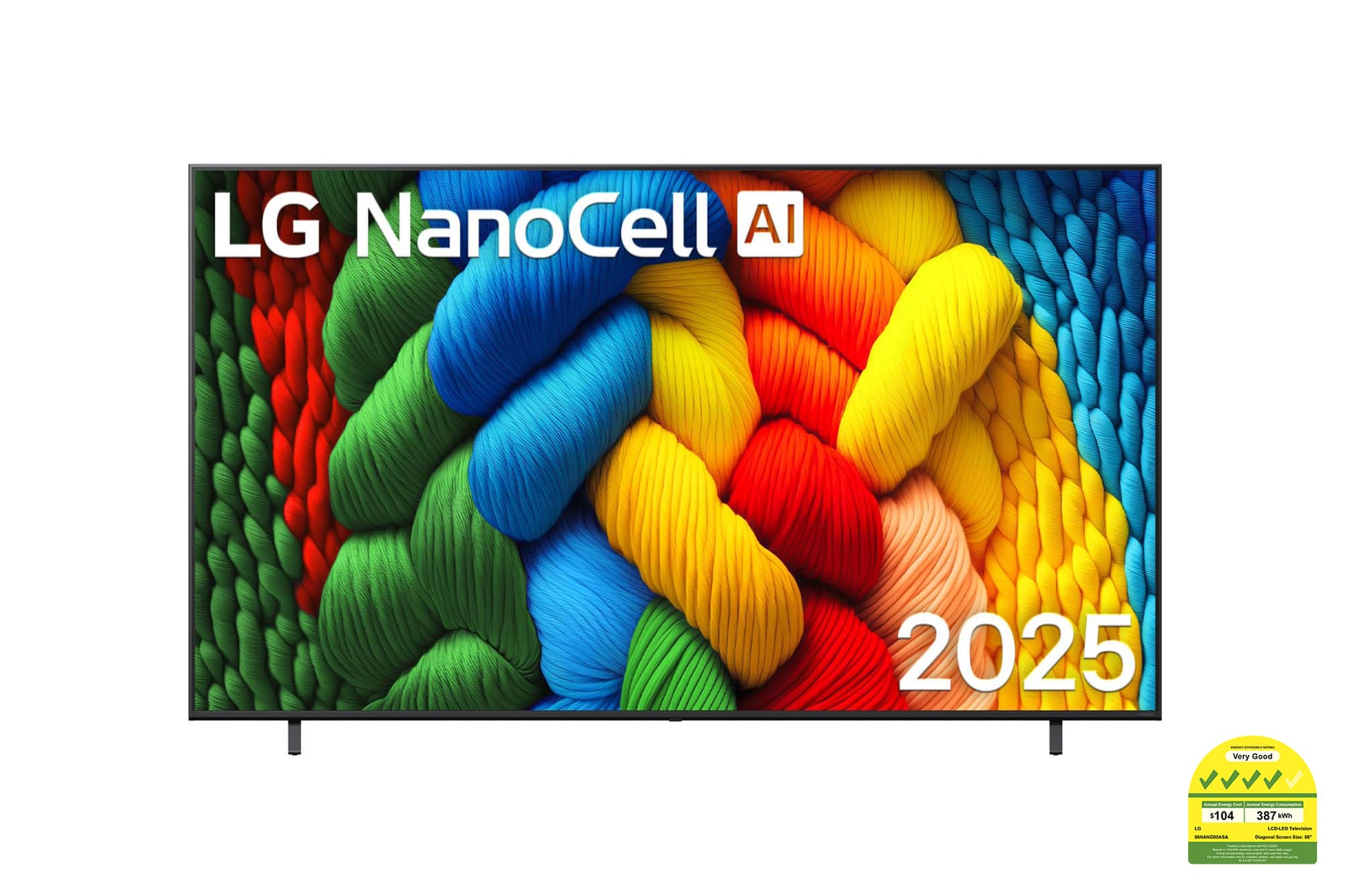 Front view of NanoCell TV, LG NanoCell Al Logo on the top corner. LG NanoCell NANO80 TV depicts colorful paintike textures coming together.