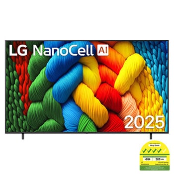 Front view of NanoCell TV, LG NanoCell Al Logo on the top corner. LG NanoCell NANO80 TV depicts colorful paintike textures coming together.