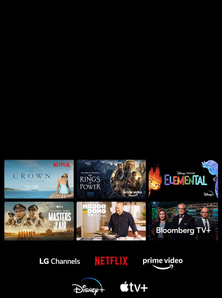 Six thumbnails of movies and TV shows are displayed and the logos of LG Channels, Netflix, Prime Video, Disney+, and Apple TV+ are below.