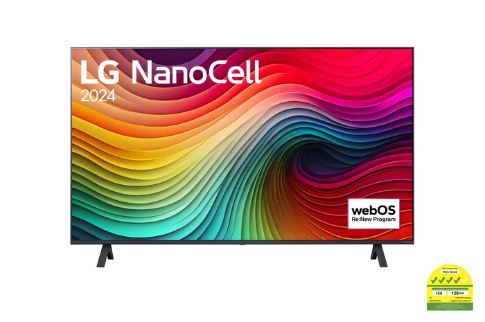 Front view of LG NanoCell TV, NANO81 with text of LG NanoCell, 2024, and webOS Re:New Program logo on screen