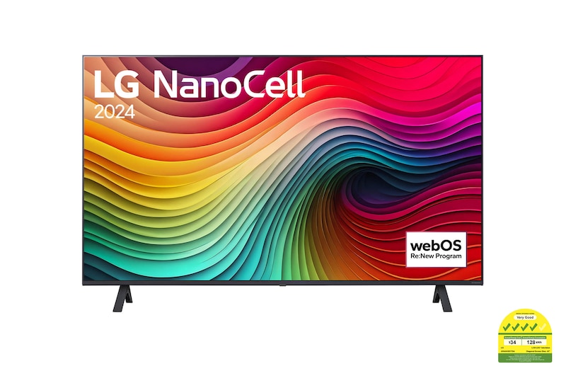 Front view of LG NanoCell TV, NANO81 with text of LG NanoCell, 2024, and webOS Re:New Program logo on screen