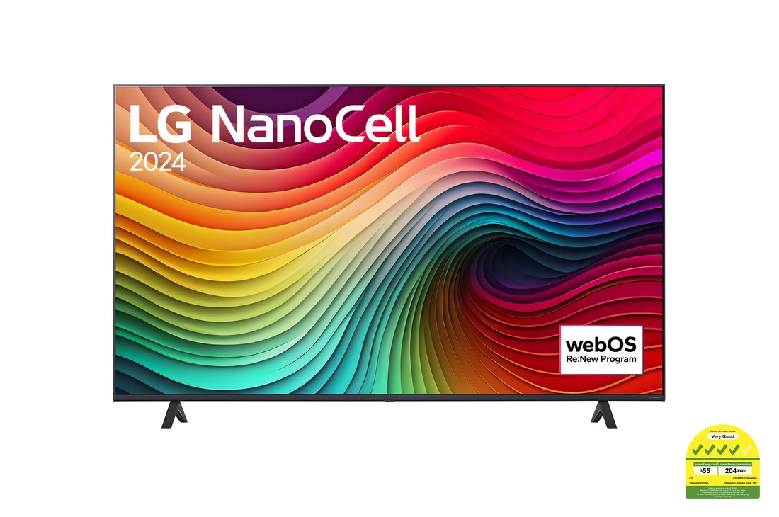 Front view of LG NanoCell TV, NANO81 with text of LG NanoCell, 2024, and webOS Re:New Program logo on screen