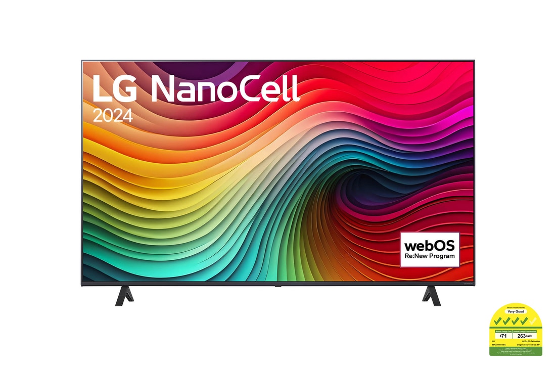 Front view of LG NanoCell TV, NANO81 with text of LG NanoCell, 2024, and webOS Re:New Program logo on screen