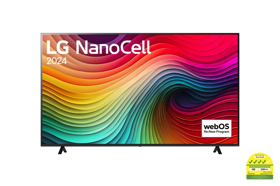 Front view of LG NanoCell TV, NANO81 with text of LG NanoCell, 2024, and webOS Re:New Program logo on screen