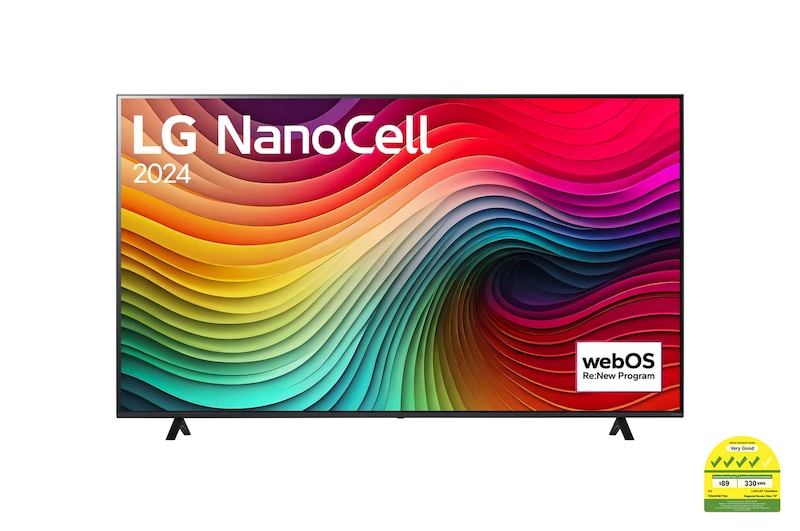 Front view of LG NanoCell TV, NANO81 with text of LG NanoCell, 2024, and webOS Re:New Program logo on screen