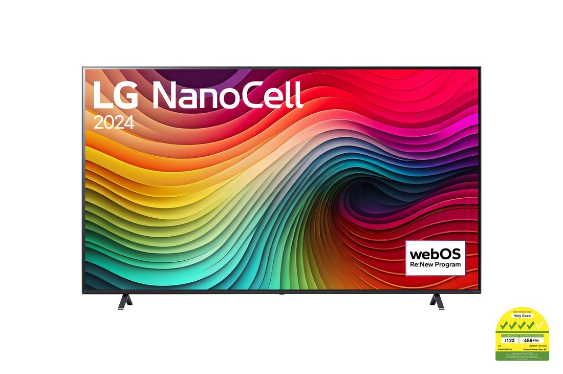 Front view of LG NanoCell TV, NANO81 with text of LG NanoCell, 2024, and webOS Re:New Program logo on screen