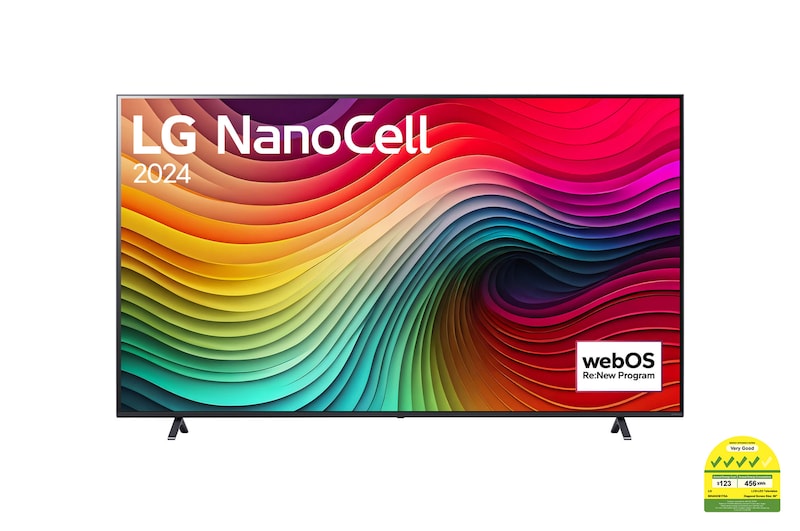 Front view of LG NanoCell TV, NANO81 with text of LG NanoCell, 2024, and webOS Re:New Program logo on screen