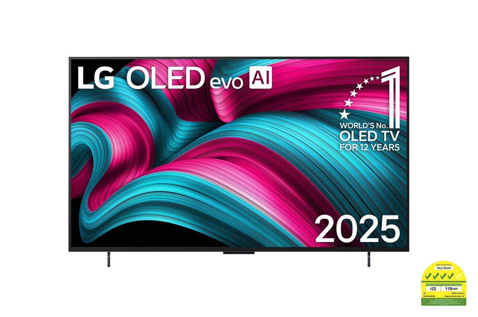 Front view of LG OLED evo AI C5 4K Smart TV. 12 Years of world number 1 OLED emblem and LG OLED evo AI 2025 logo are on the screen.