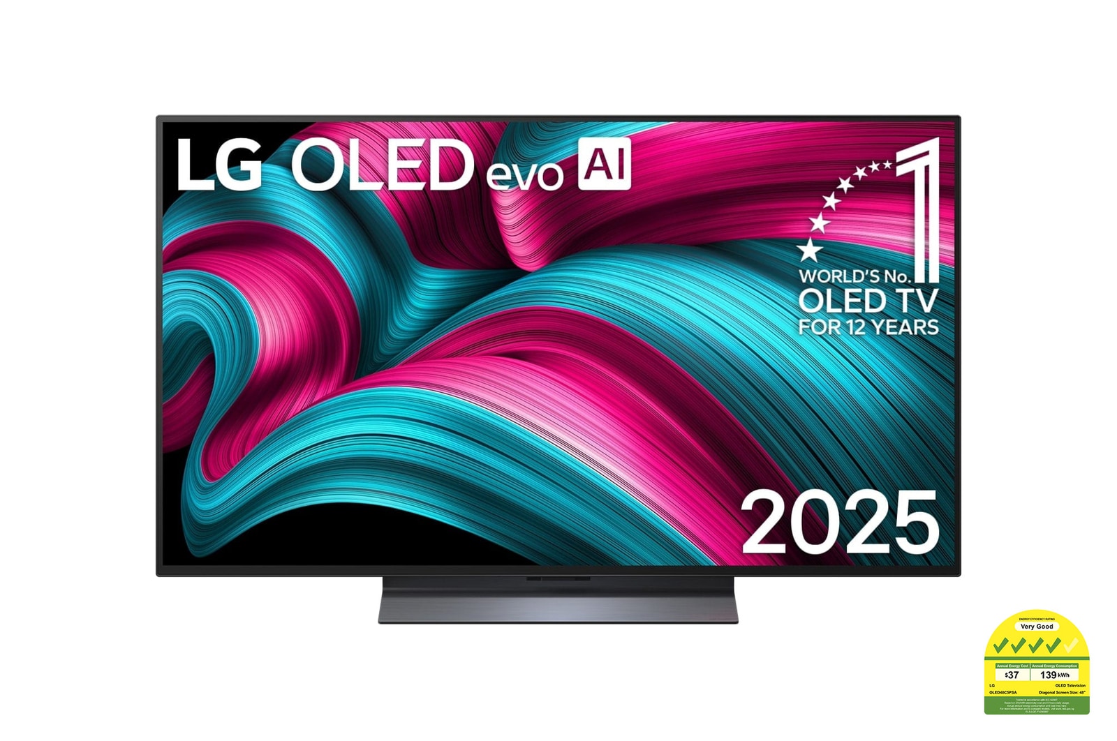 Front view of LG OLED evo AI C5 4K Smart TV. 12 Years of world number 1 OLED emblem and LG OLED evo AI 2025 logo are on the screen.