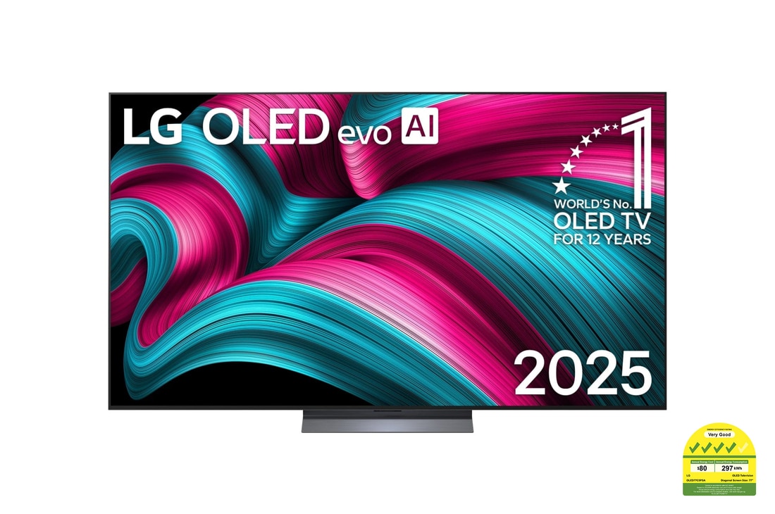 Front view of LG OLED evo AI C5 4K Smart TV. 12 Years of world number 1 OLED emblem and LG OLED evo AI 2025 logo are on the screen.