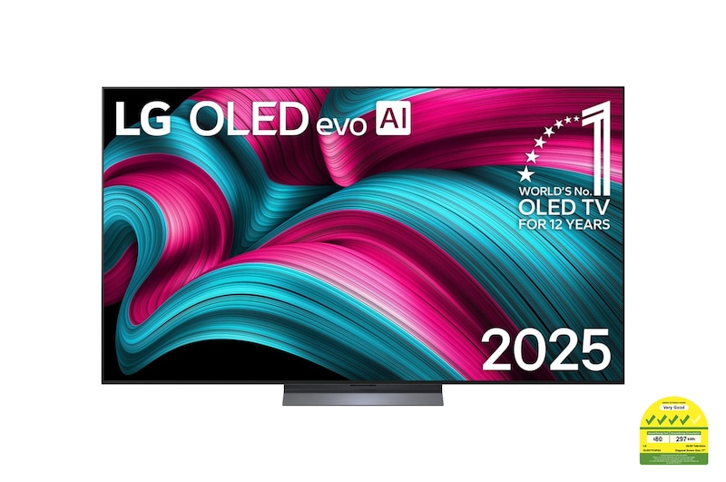 Front view of LG OLED evo AI C5 4K Smart TV. 12 Years of world number 1 OLED emblem and LG OLED evo AI 2025 logo are on the screen.