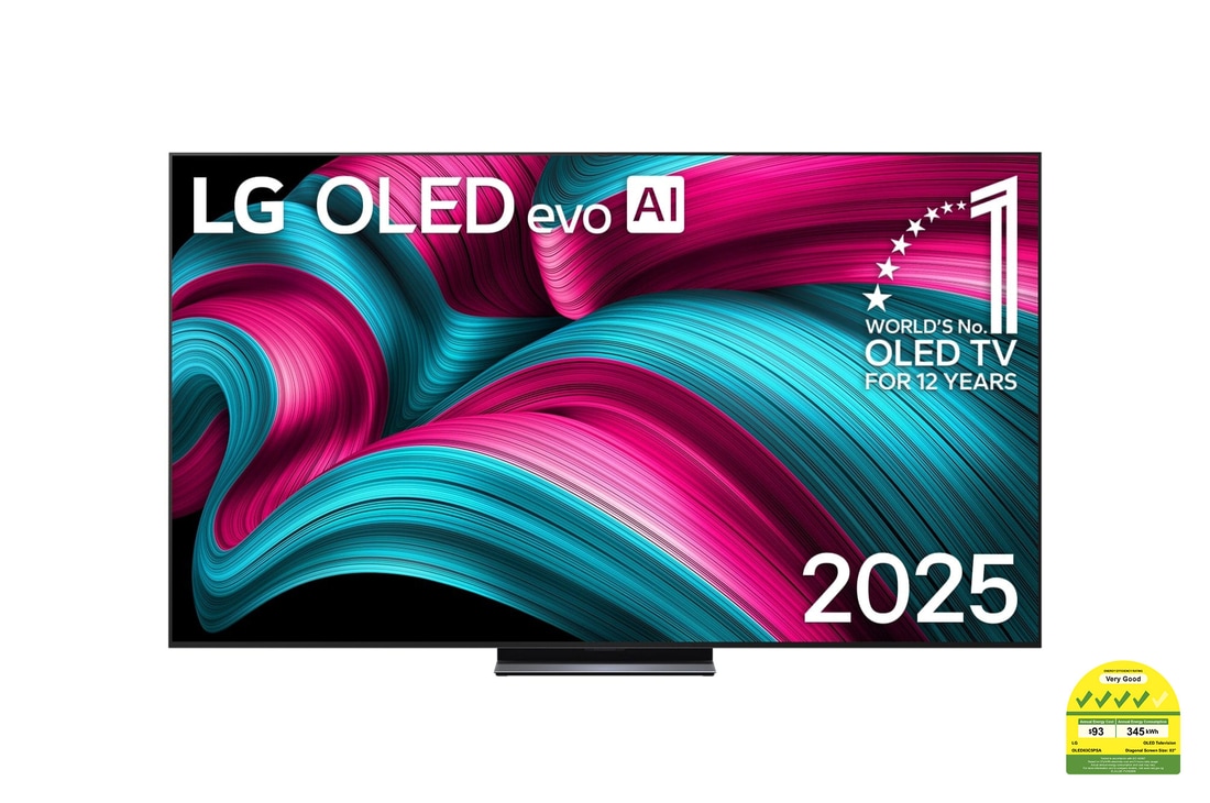 Front view of LG OLED evo AI C5 4K Smart TV. 12 Years of world number 1 OLED emblem and LG OLED evo AI 2025 logo are on the screen.