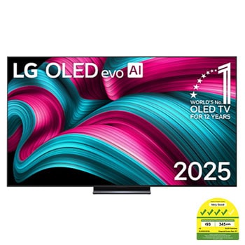 Front view of LG OLED evo AI C5 4K Smart TV. 12 Years of world number 1 OLED emblem and LG OLED evo AI 2025 logo are on the screen.