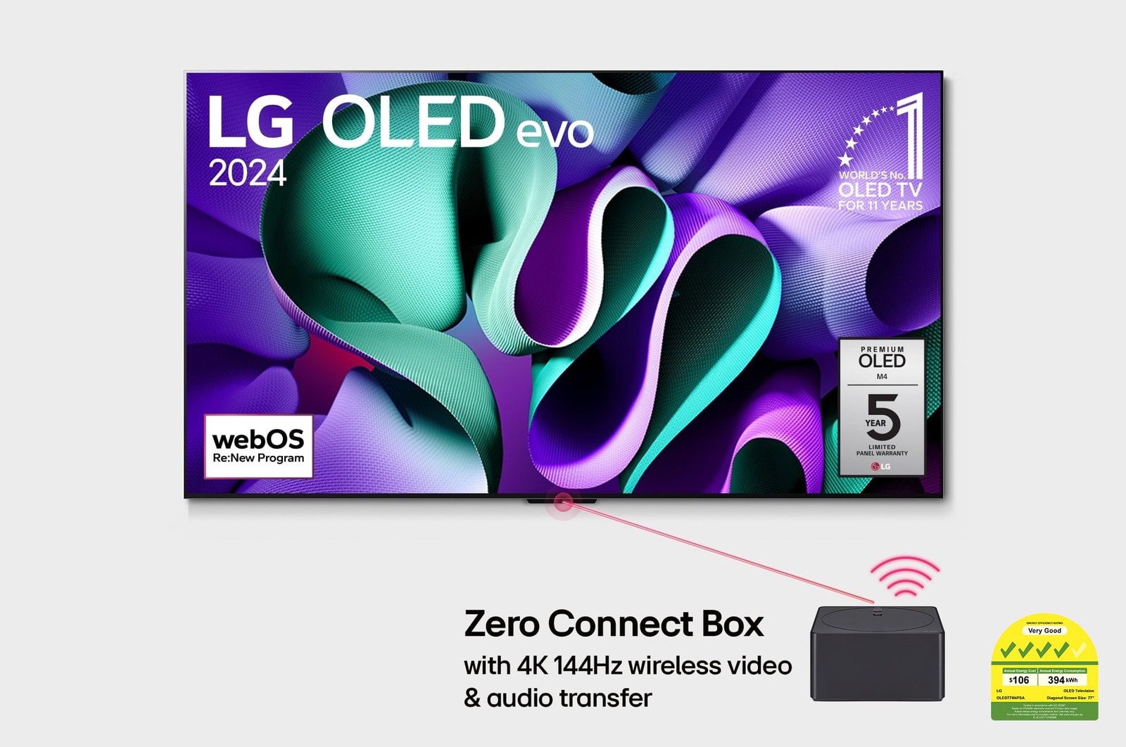 Front view with LG OLED evo TV, OLED M4, 11 Years of world number 1 OLED Emblem, webOS Re:New Program logo, 5-Year Panel Warranty logo on screen, and a Zero Connect Box with 4K 144Hz wireless video & audio transfer connected to a TV, and a Wi-Fi signal coming out of the box