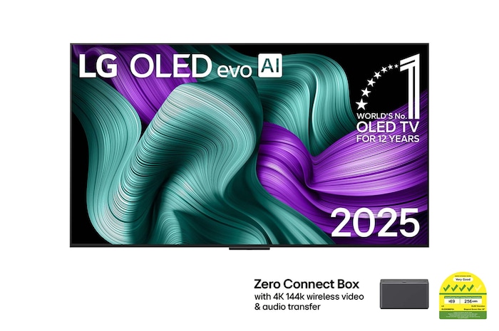 Front view of LG OLED M5 TV. 12 Years of world number 1 OLED emblem and LG OLED evo AI 2025 logo are on the screen. Zero Connect Box in the corner with the title, Zero Connect Box with 4K 144Hz wireless video & audio transfer