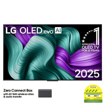Front view of LG OLED M5 TV. 12 Years of world number 1 OLED emblem and LG OLED evo AI 2025 logo are on the screen. Zero Connect Box in the corner with the title, Zero Connect Box with 4K 144Hz wireless video & audio transfer