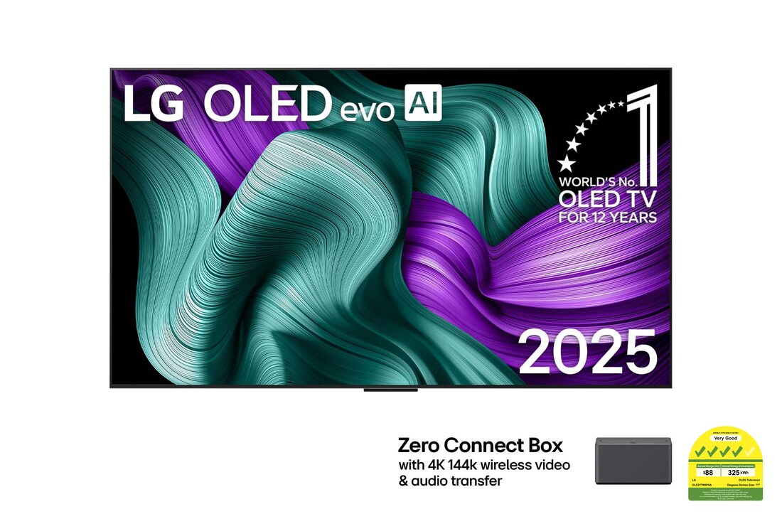 Front view of LG OLED M5 TV. 12 Years of world number 1 OLED emblem and LG OLED evo AI 2025 logo are on the screen. Zero Connect Box in the corner with the title, Zero Connect Box with 4K 144Hz wireless video & audio transfer