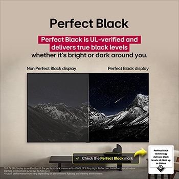 Living room space with a wall-mounted LG OLED TV. On the TV is a mountain range against a dark evening sky filled with stars. This scene is split in half to show how Perfect Black delivers true black levels whether it's bright or dark around you. One side of the scene shows a duller, grayer version of the landscape labeled, Matte display. On the other side is a more pleasing picture with a larger dynamic range of blacks and whites. This is labeled, Perfect Black display. Logo certification is also visible, Perfect Black Technology delivers black levels less than or equal to 0.24 nit up to 500 lux. A text bubble is by its side it says, check the Perfect Black certification mark.