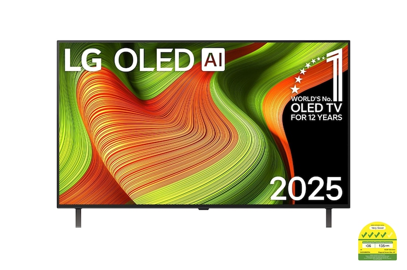 Front view of LG OLED AI B5 4K Smart TV. 12 Years of world number 1 OLED emblem and LG OLED AI 2025 logo are on the screen.