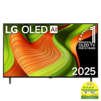 Front view of LG OLED AI B5 4K Smart TV. 12 Years of world number 1 OLED emblem and LG OLED AI 2025 logo are on the screen.