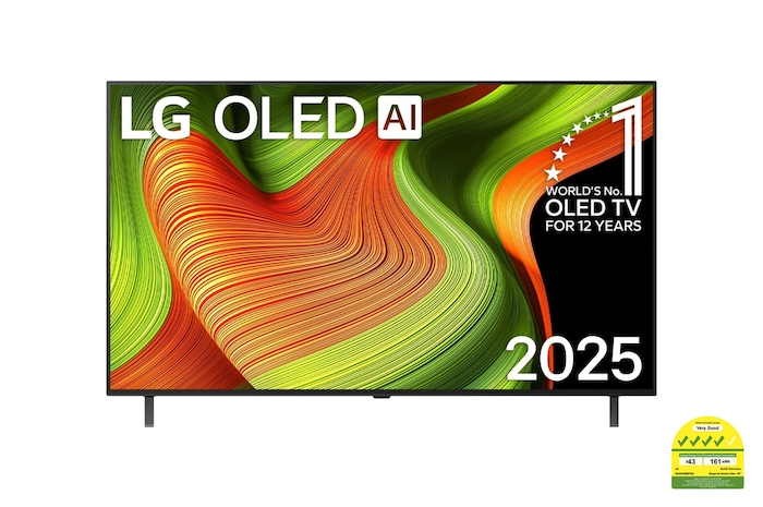 Front view of LG OLED AI B5 4K Smart TV. 12 Years of world number 1 OLED emblem and LG OLED AI 2025 logo are on the screen.