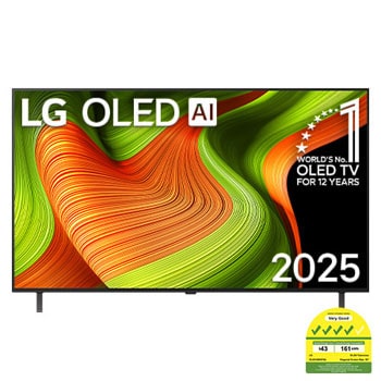 Front view of LG OLED AI B5 4K Smart TV. 12 Years of world number 1 OLED emblem and LG OLED AI 2025 logo are on the screen.