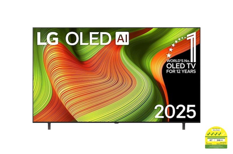 Front view of LG OLED AI B5 4K Smart TV. 12 Years of world number 1 OLED emblem and LG OLED AI 2025 logo are on the screen.