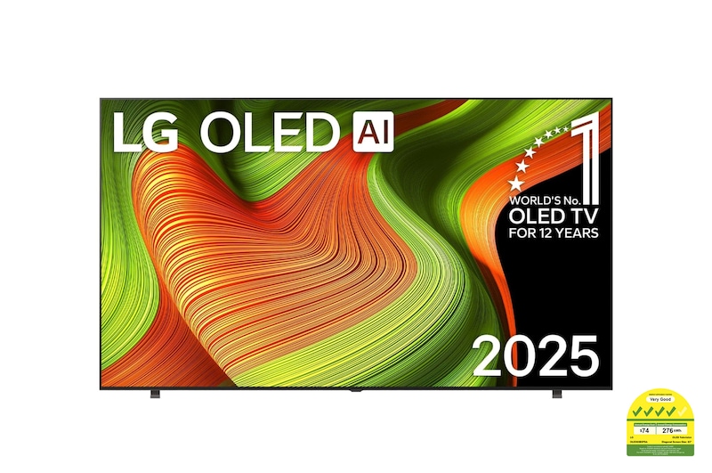 Front view of LG OLED AI B5 4K Smart TV. 12 Years of world number 1 OLED emblem and LG OLED AI 2025 logo are on the screen.