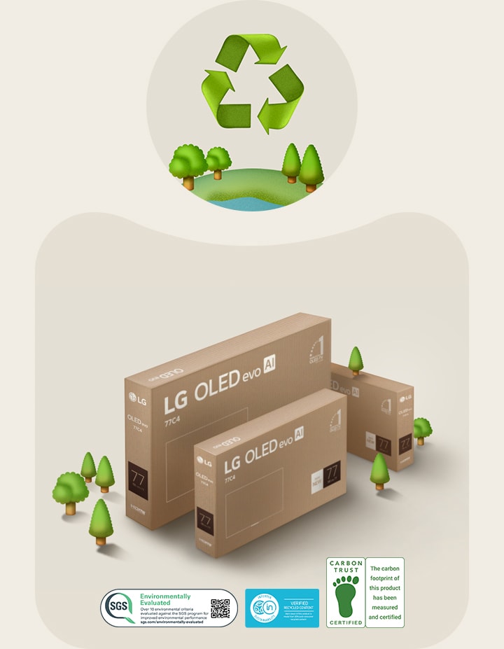 An image of the Boosteroid home screen showing "Trine 4: The Nightmare Price" and another image of GeForce NOW home screen showing five different game thumbnails.An image of LG OLED packaging against a beige background with illustrated trees.	
