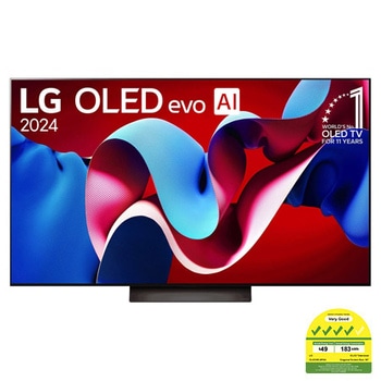 Front view with LG OLED evo TV, OLED C4, 11 Years of world number 1 OLED Emblem logo and webOS Re:New Program logo on screen, as well as the Soundbar below