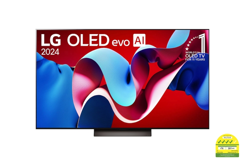 Front view with LG OLED evo and 11 Years World No.1 OLED Emblem on screen, as well as the Soundbar below