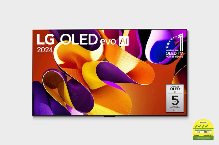 Front view with LG OLED evo, 11 Years World No.1 OLED Emblem, and 5-Year Panel Warranty logo on screen