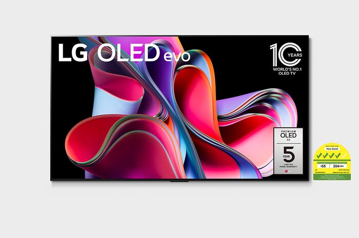 Front view with LG OLED evo, 10 Years World No.1 OLED Emblem, and 5-Year Panel Warranty logo on screen