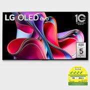 Front view with LG OLED evo, 10 Years World No.1 OLED Emblem, and 5-Year Panel Warranty logo on screen