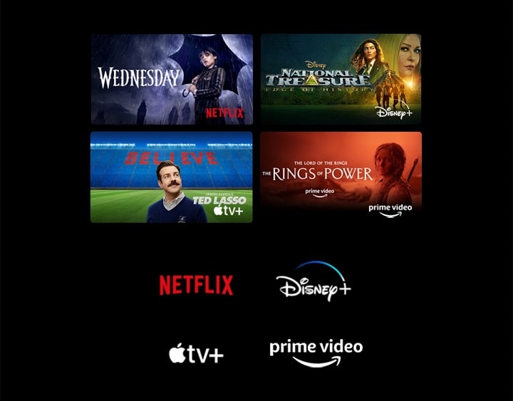 A poster of Wednesday from Netflix, Tulsa King from Paramount+, Top Gun: Maverick from SkyShowtime, National Treasure from Disney+, The Rings of Power from Prime Video, Ted Lasso from Apple TV Plus, and a still from LG Channels with a leopard in the wild.