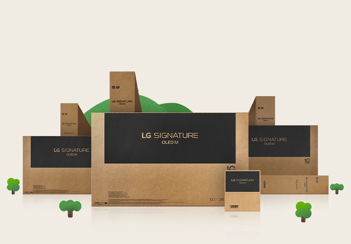 Eco-friendly LG OLED cardboard packaging depicted around thriving trees and mountains.