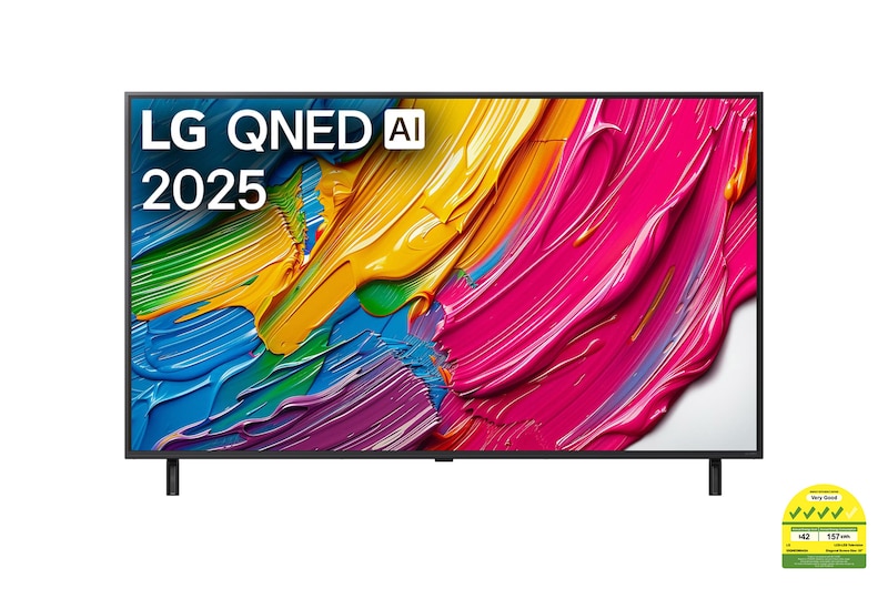 Front view of LG QNED80 TV, LG QNED Al Logo on the top corner. LG QNED TV depicts colorful paintike textures coming together.