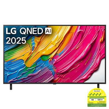 Front view of LG QNED80 TV, LG QNED Al Logo on the top corner. LG QNED TV depicts colorful paintike textures coming together.