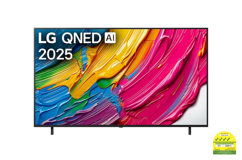 Front view of LG QNED80 TV, LG QNED Al Logo on the top corner. LG QNED TV depicts colorful paintike textures coming together.