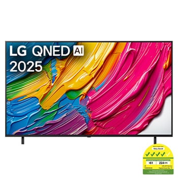 Front view of LG QNED80 TV, LG QNED Al Logo on the top corner. LG QNED TV depicts colorful paintike textures coming together.