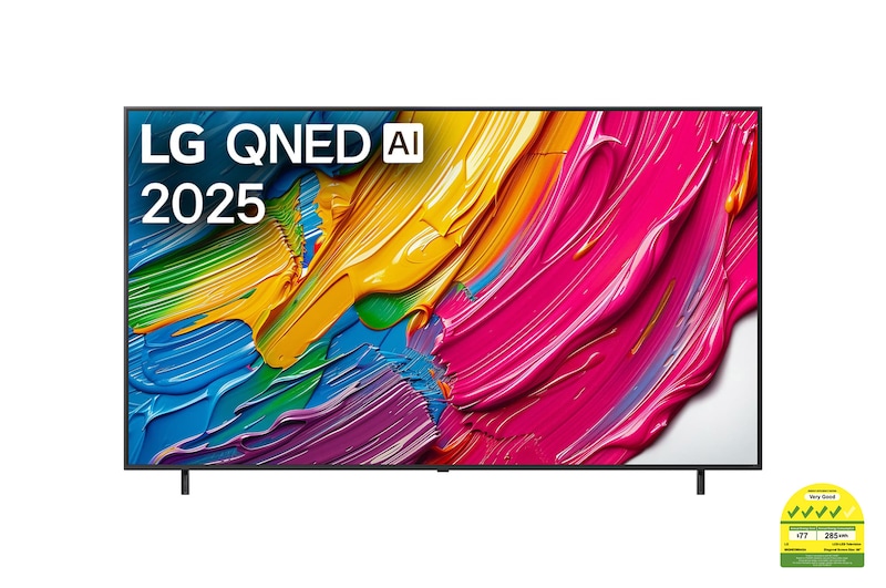 Front view of LG QNED80 TV, LG QNED Al Logo on the top corner. LG QNED TV depicts colorful paintike textures coming together.