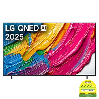 Front view of LG QNED80 TV, LG QNED Al Logo on the top corner. LG QNED TV depicts colorful paintike textures coming together.