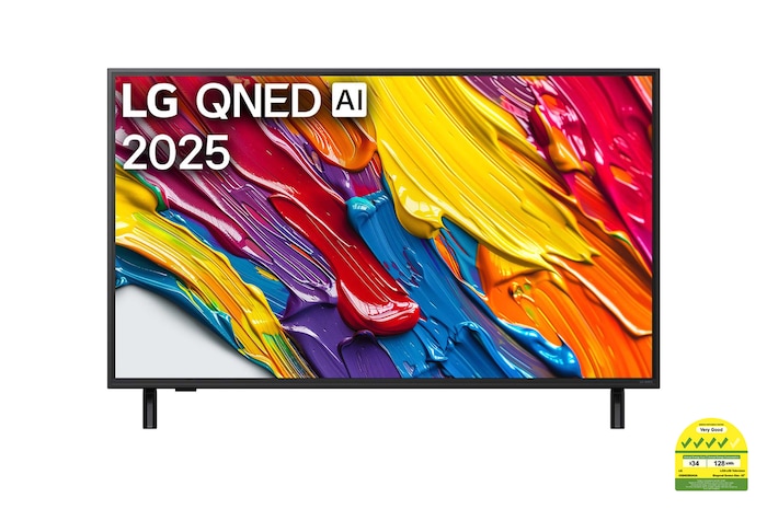 Front view of LG QNED82 TV, LG QNED Al Logo on the top corner. LG QNED TV depicts colorful paintike textures coming together.