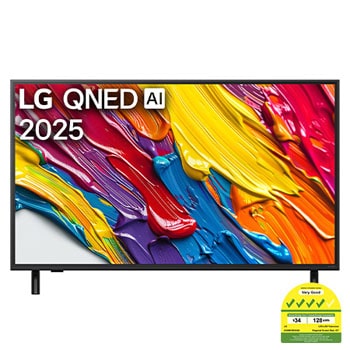 Front view of LG QNED82 TV, LG QNED Al Logo on the top corner. LG QNED TV depicts colorful paintike textures coming together.
