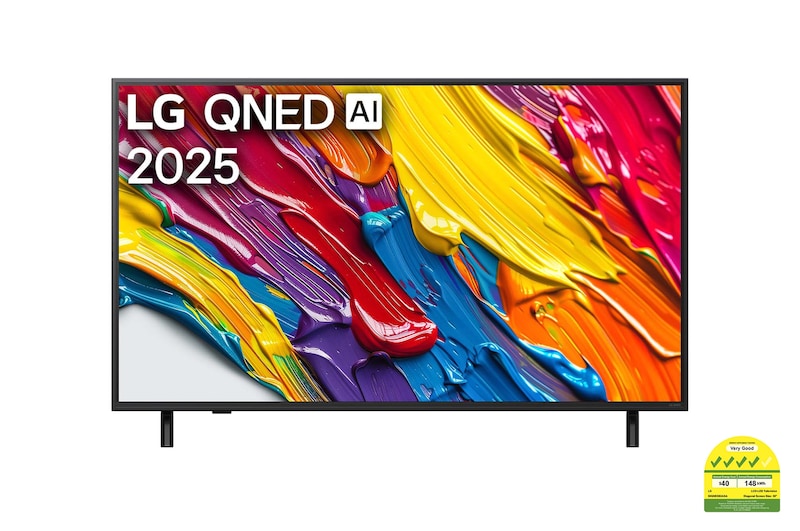Front view of LG QNED82 TV, LG QNED Al Logo on the top corner. LG QNED TV depicts colorful paintike textures coming together.