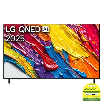 Front view of LG QNED82 TV, LG QNED Al Logo on the top corner. LG QNED TV depicts colorful paintike textures coming together.