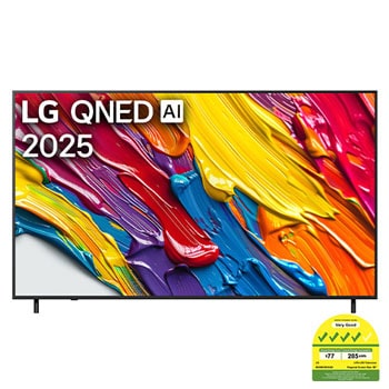 Front view of LG QNED82 TV, LG QNED Al Logo on the top corner. LG QNED TV depicts colorful paintike textures coming together.