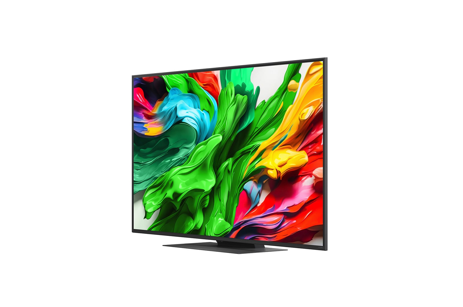 Front view and side view of LG QNED evo AI QNED85 4K Smart TV showing its length, width, height, and depth dimensions.