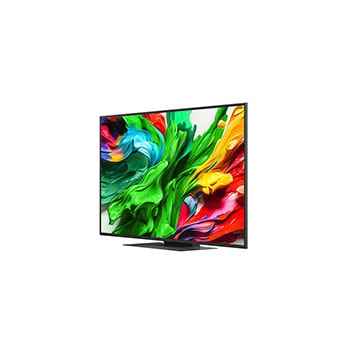 Front view and side view of LG QNED evo AI QNED85 4K Smart TV showing its length, width, height, and depth dimensions.